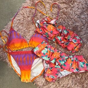 Cheeky scrunch bottom set of bikinis. Floral ruffle, sunset. Size M